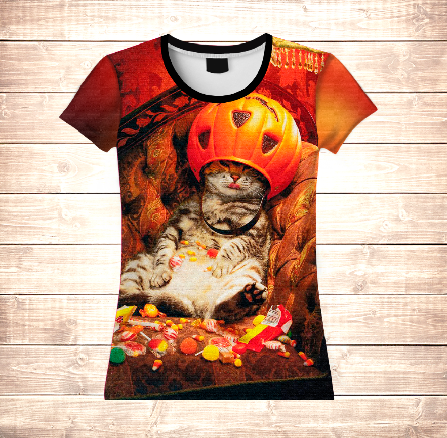 Camiseta 3D All Over Print Gato Halloween con Caramelos