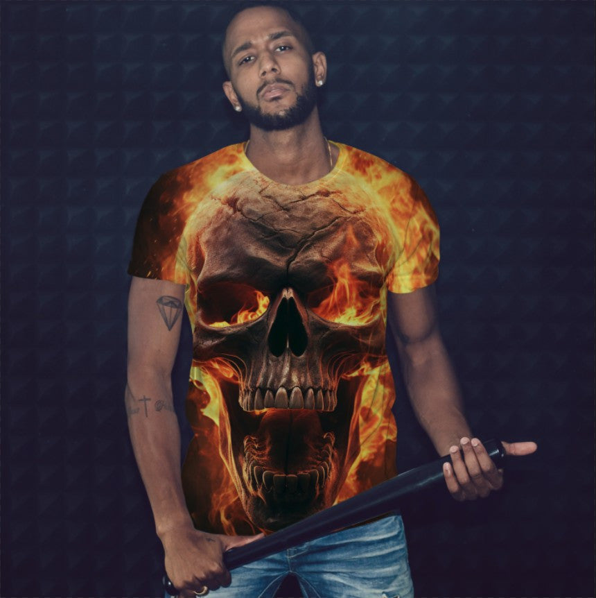 T-shirt 3D All Over Print with Skull on Fire Theme