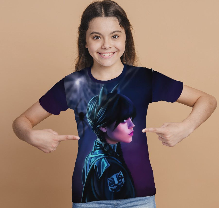 T-shirt 3D All Over Print with the print of Wednesday Addams and Enit Wednesday Addams.