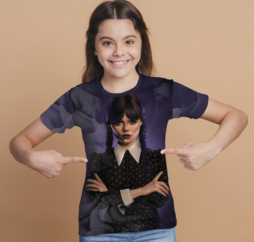 T-shirt 3D All Over Print with the print of Wednesday Addams and Enit Wednesday Addams.