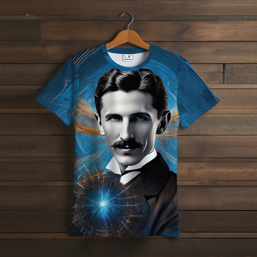 Camiseta 3D All Over Print con temática de Nikola Tesla.