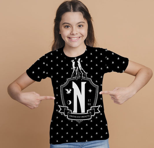 T-shirt 3D All Over Print with the print of Wednesday Addams and Enit Wednesday Addams.