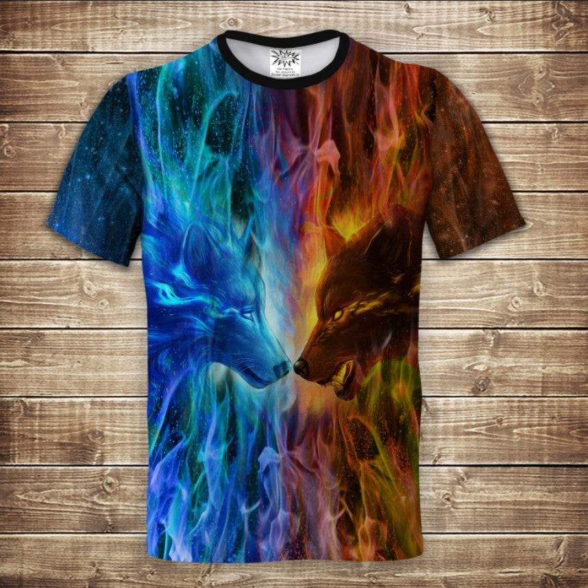 Camiseta 3D All Over Print Lobo Color Fuego Tallas Adulto y Niño