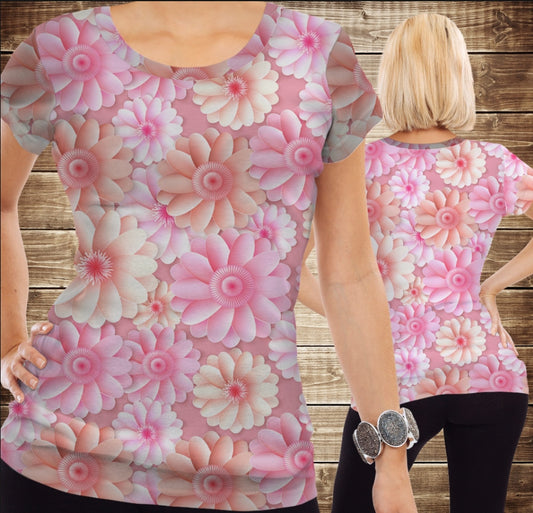 T-shirt 3D All Over Print with voluminous pink flowers Adult and children sizes