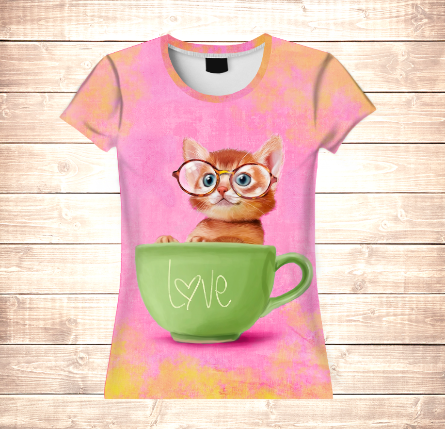 Camiseta 3D All Over Print Gatito en Taza