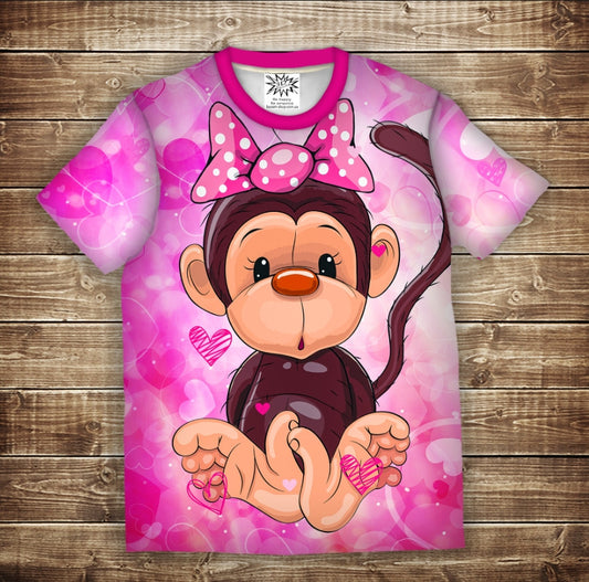 T-shirt 3D All Over Print: Fun Monkeys Pink. Children and adult sizes.