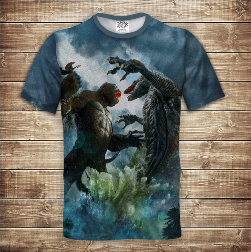 Camiseta 3D All Over Print: King Kong y Lagarto. Tallas para adultos y niños.