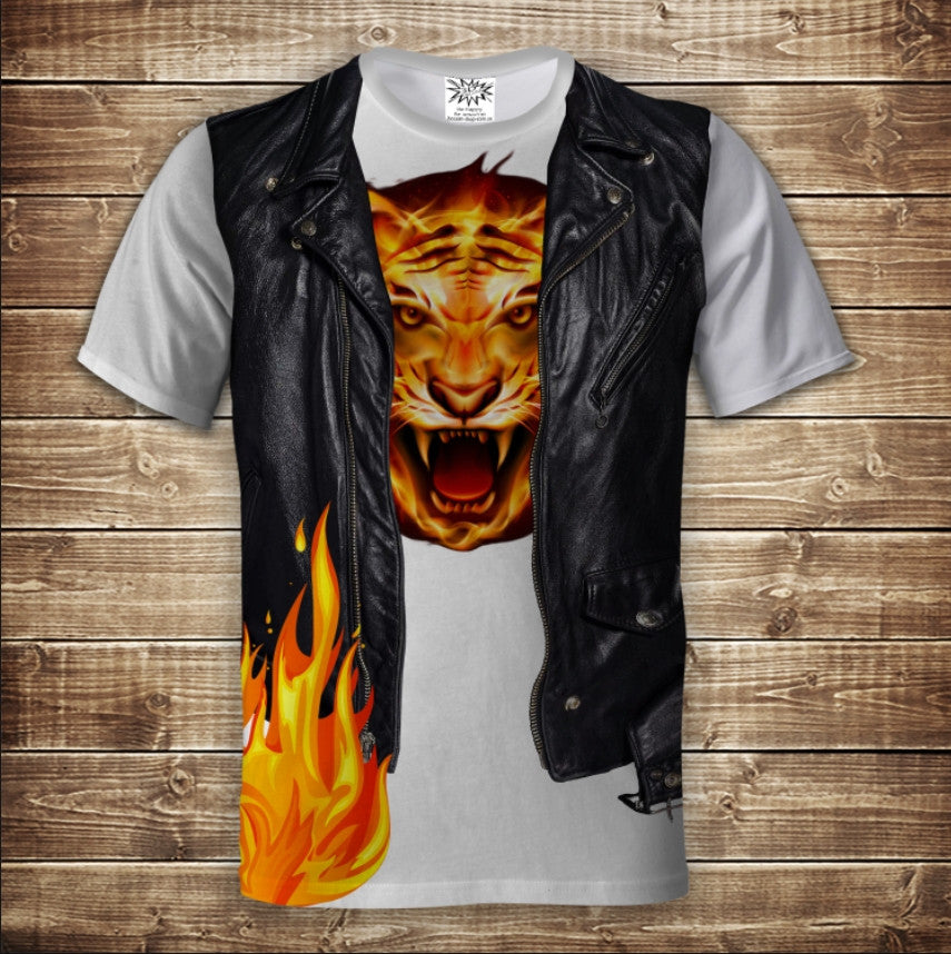 Футболка 3D All Over Print T-Shirt 2-in-1 + Vest Tiger in Fire Розміри для дорослих і дітей