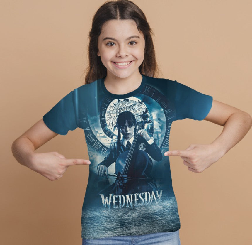 T-shirt 3D All Over Print with the print of Wednesday Addams and Enit Wednesday Addams.