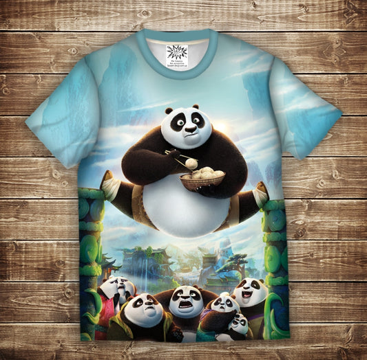 Camiseta 3D All Over Print Panda Kung Fu y Dumplings, disponible en talla infantil y adulto.