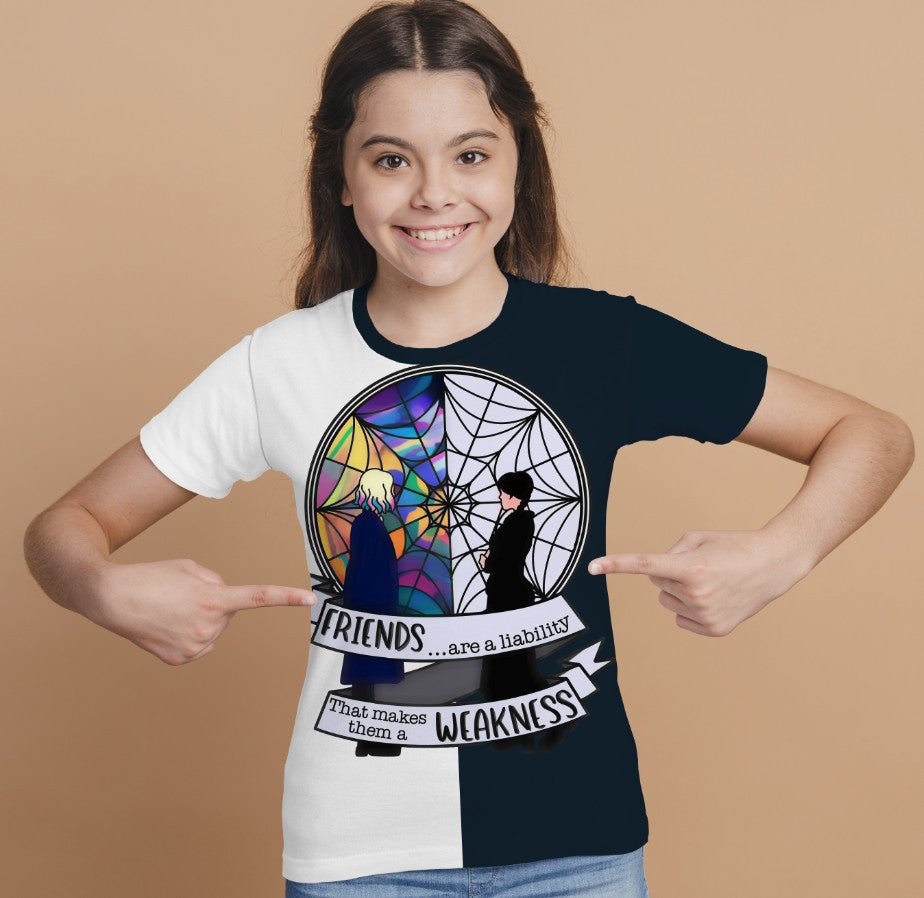 T-shirt 3D All Over Print with the print of Wednesday Addams and Enit Wednesday Addams.