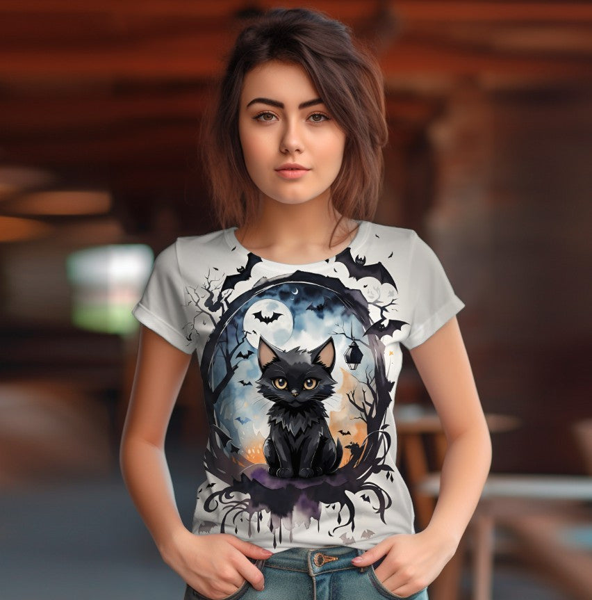 T-shirt 3D All Over Print with a theme of Black Cat Halloween