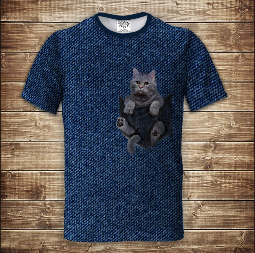 Camiseta 3D All Over Print con estampado 3D de un Gatito en un Bolsillo. Disponible en tallas para adultos y niños.