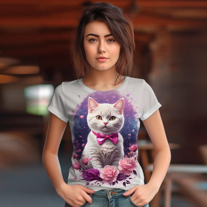 Camiseta 3D All Over Print con un Gato Blanco y un Lazo