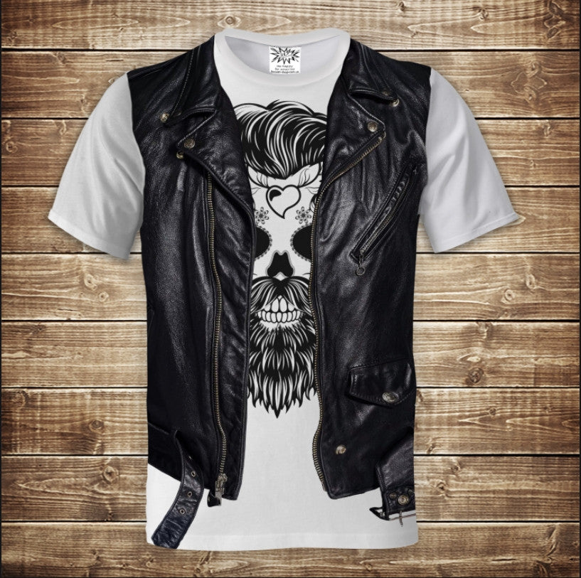 T-shirt 3D All Over Print White T-shirt with leather vest and skull with mohawk