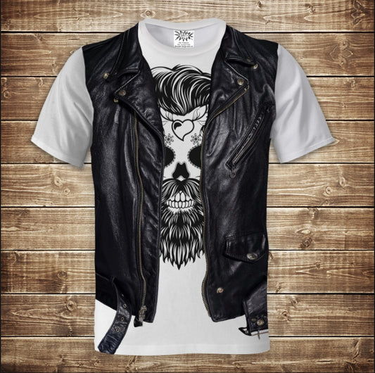 T-shirt 3D All Over Print White T-shirt with leather vest and skull with mohawk