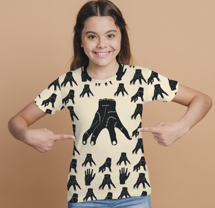 T-shirt 3D All Over Print with the print of Wednesday Addams and Enit Wednesday Addams.