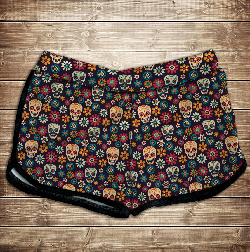 Шорти 3D принт жіночі-sculls flowers