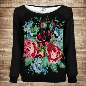 Жіночий світшот - реглан з відкритими плечима з 3D принтом Бабусини квіти