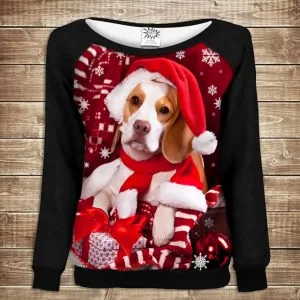 Жіночий світшот - реглан з відкритими плечима з 3D принтом-Різдво. Пес в шапці Санта Клауса