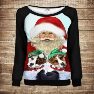 Жіночий світшот - реглан з відкритими плечима з 3D принтом-Санта і Ельфи