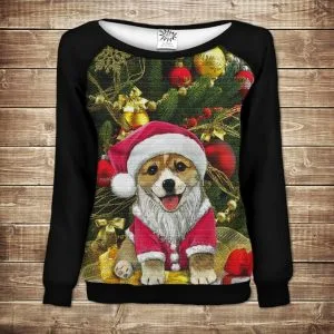 Жіночий світшот - реглан з відкритими плечима з 3D принтом-Різдвяний песик