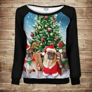 Жіночий світшот - реглан з відкритими плечима з 3D принтом-Різдвяні мопсики