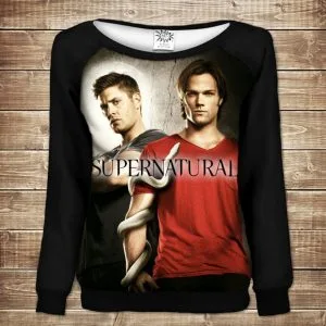 Жіночий світшот - реглан з відкритими плечима з 3D принтом-Дін і Сем Вінчестери та біла змія