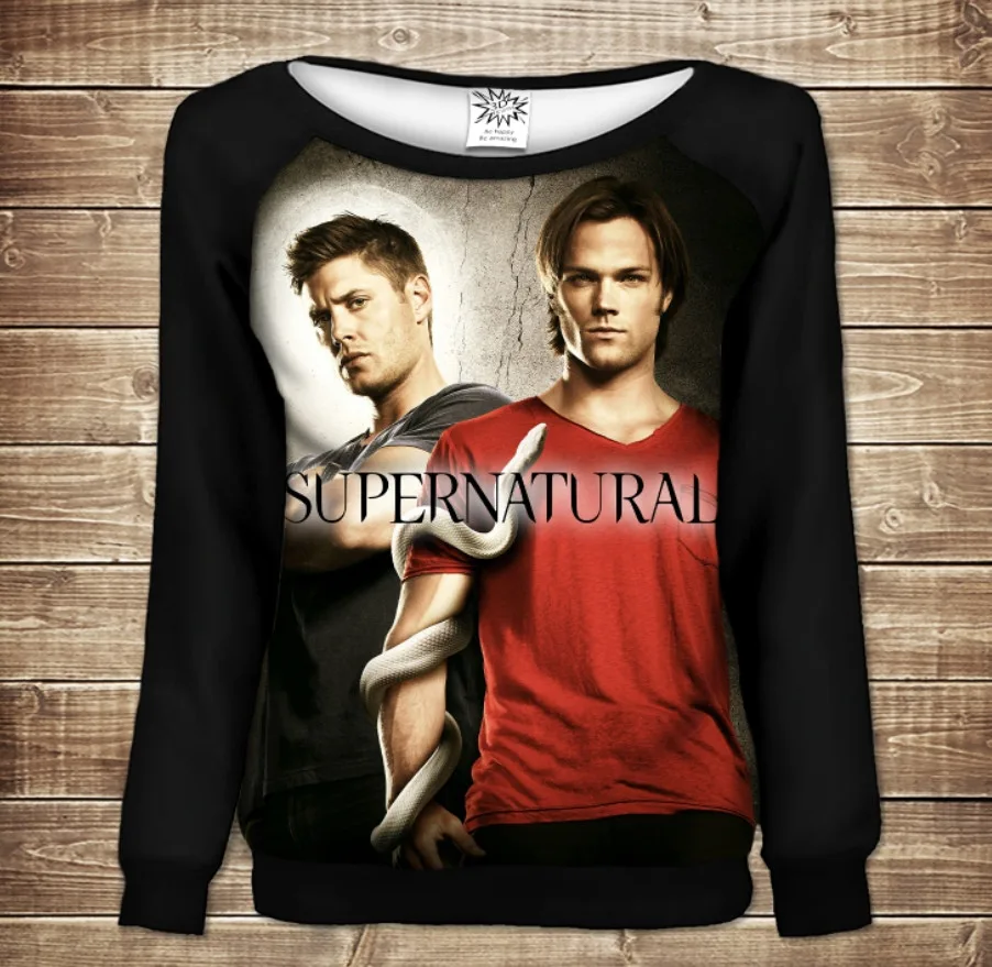 Жіночий світшот - реглан з відкритими плечима з 3D принтом-Дін і Сем Вінчестери та біла змія