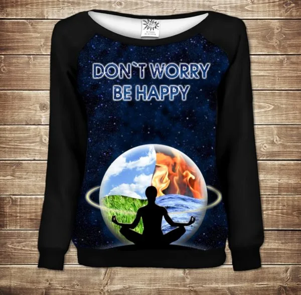 Жіночий світшот - реглан з відкритими плечима з 3D принтом-Дзен. Don`t Worry Be Happy