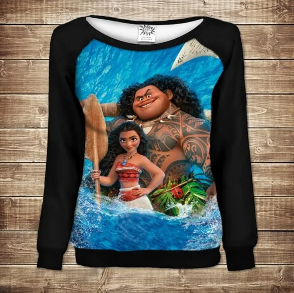 Жіночий світшот - реглан з відкритими плечима з 3D принтом-Moana and Maui in water