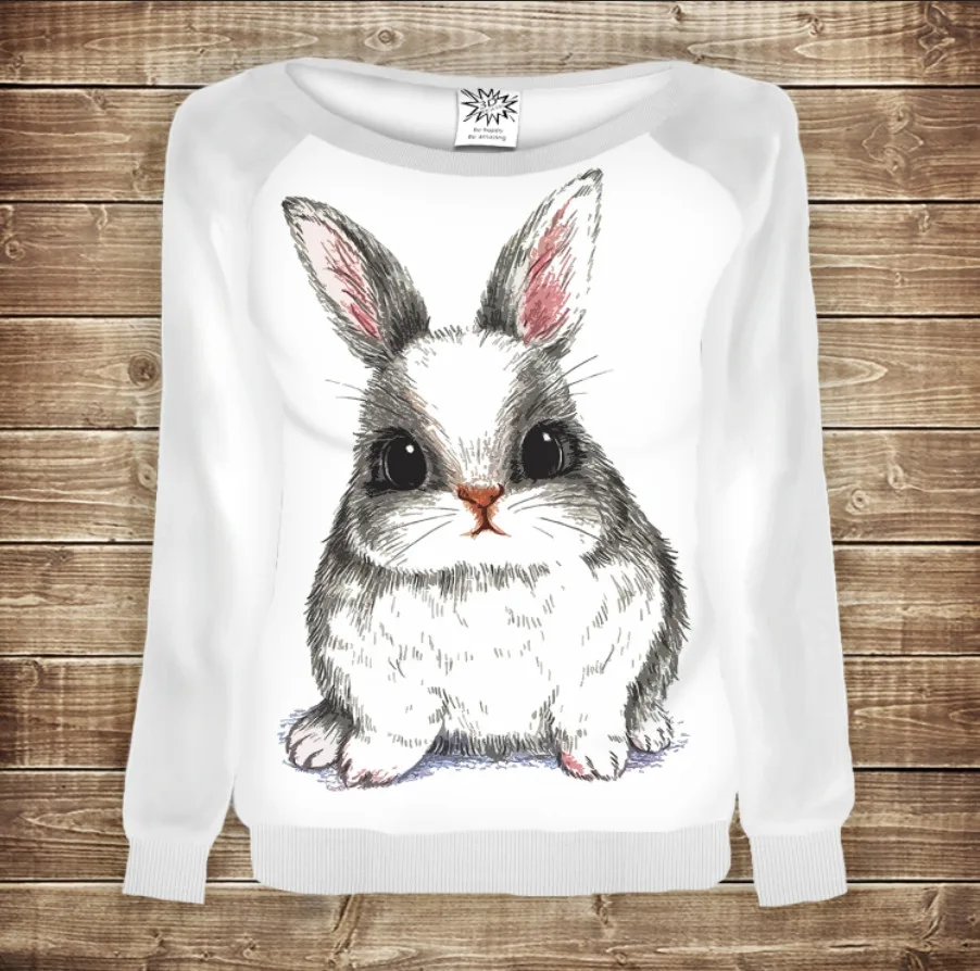 Жіночий світшот-реглан з 3D принтом на тему: Білий зайчик на білому фоні