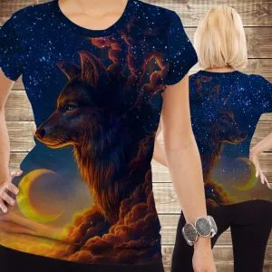 Футболка з 3D принтом Вовк і зоряне небо Взрослые и детские размеры