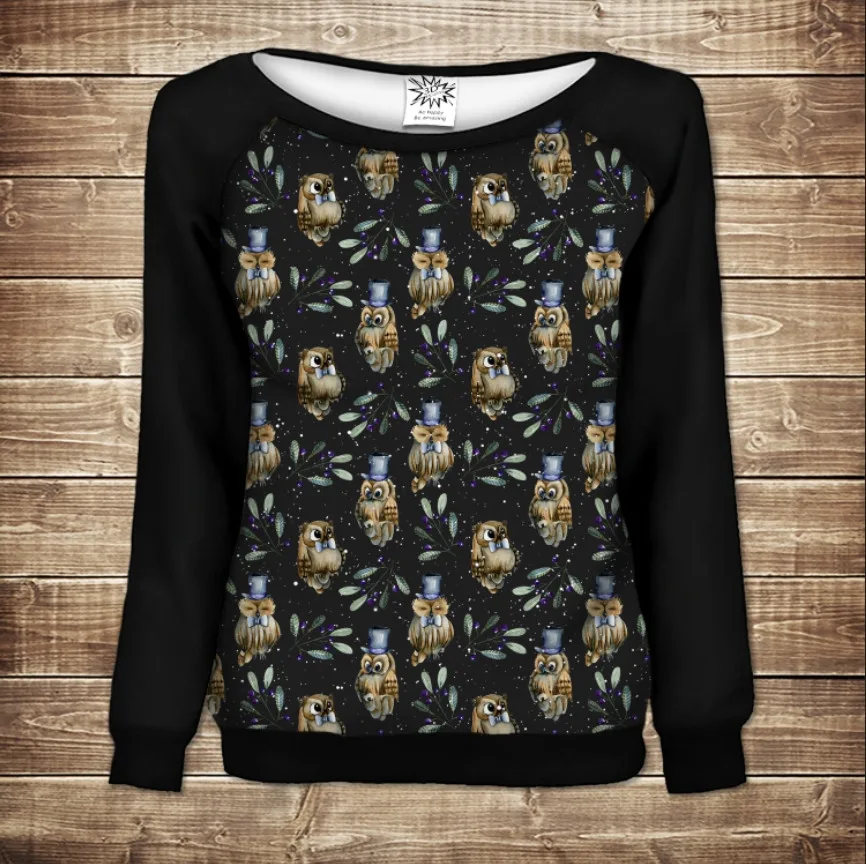 Жіночий світшот-реглан з 3D принтом на тему: Сови і Філіни в шляпах