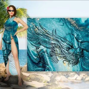 Парео-хустка-палантин блакитного кольору 10в1 з принтом Дракон Азурит