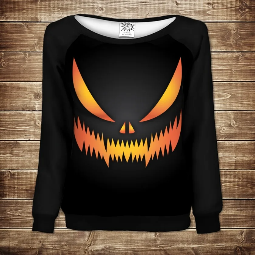 Жіночий світшот-реглан з 3D принтом на тему:Halloween. Хелловін. Обличчя Гарбуза