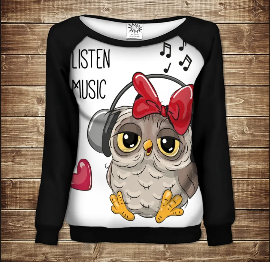 Жіночий світшот-реглан з 3D принтом на тему: Совеня меломан