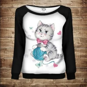 Жіночий світшот-реглан з 3D принтом на тему: Миле кошеня з клубком ниток
