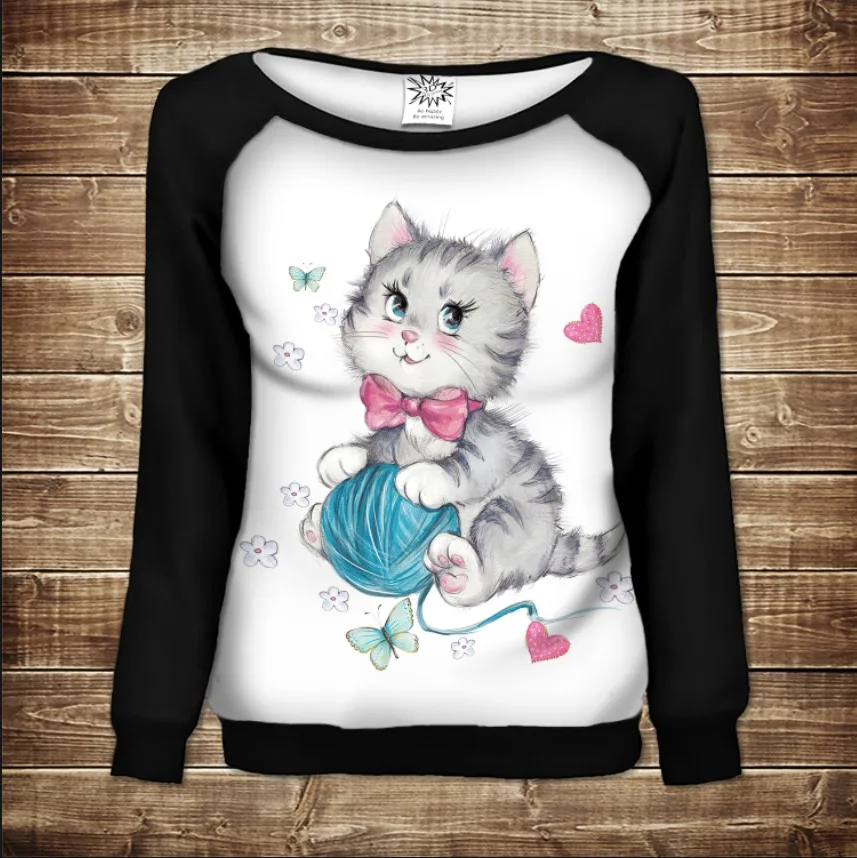 Жіночий світшот-реглан з 3D принтом на тему: Миле кошеня з клубком ниток
