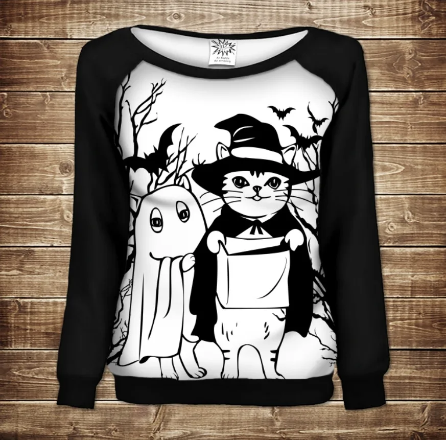 Жіночий світшот-реглан з 3D принтом на тему: Halloween. Кіт і Примара