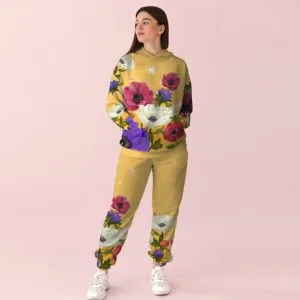Жіночий жовтий спортивний костюм із ніжним квітковим принтом