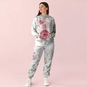 Жіночий білий спортивний костюм із ніжним квітковим принтом 0_005