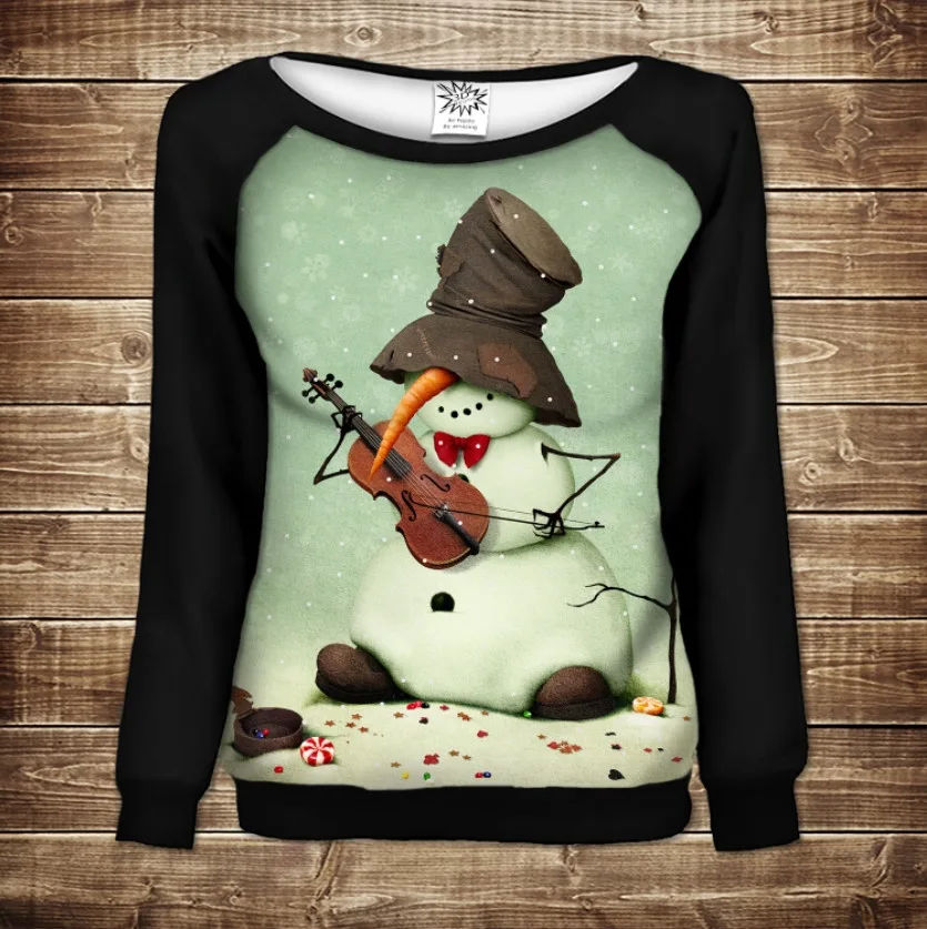 Жіночий світшот-реглан з 3D принтом на тему:Сніговик зі скрипкою