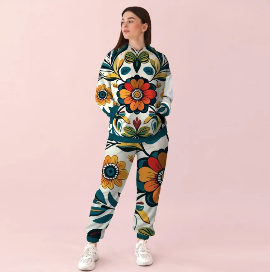 Жіночий білий спортивний костюм із яскравим принтом квіти. 0_006