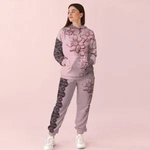 Жіночий рожевий з чорним спортивний костюм із принтом квіти. 0_014