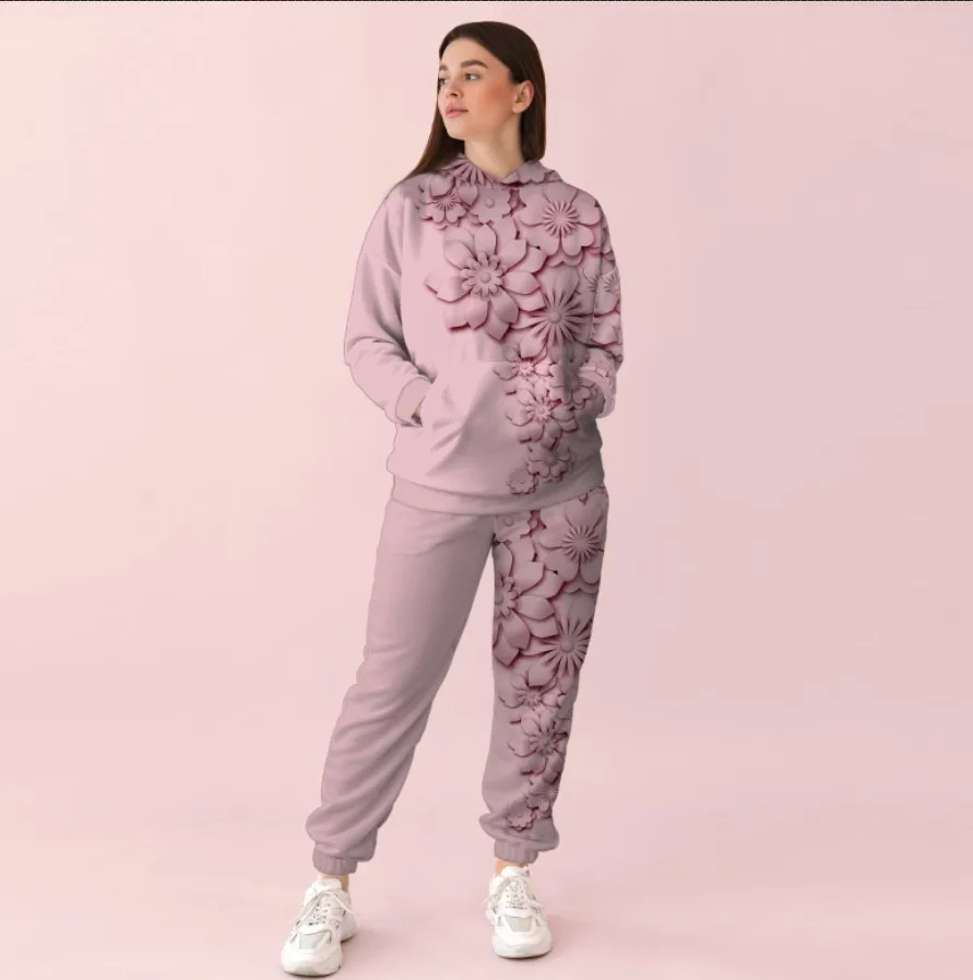 Жіночий рожевий спортивний костюм із принтом квіти. 0_015