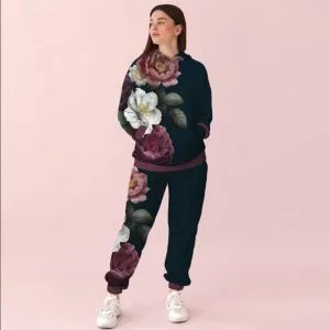 Жіночий темний спортивний костюм із принтом квітковий орнамент. 0_046