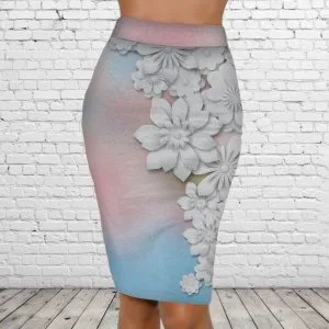 Спідниця-олівець із 3D принтом Ніжний квітковий принт. Білі квіти