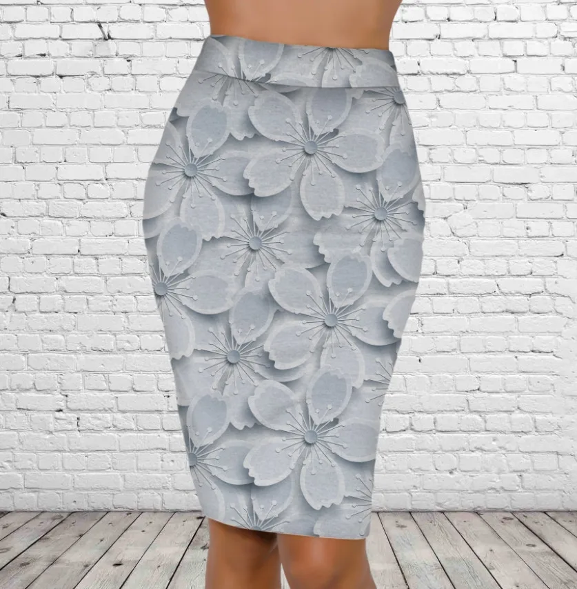 Спідниця-олівець із 3D принтом Ніжний квітковий принт. Білі квіти