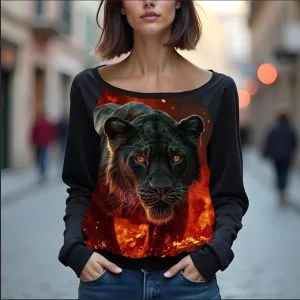 Світшот реглан з відкритими плечима в романтичному стилі з принтом "Арт: велика кішка